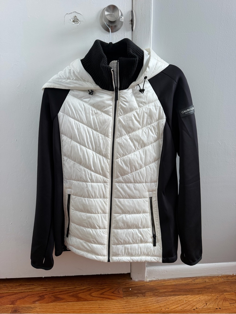 Calvin Klein Black & White Quilted Hybrid Hooded Jacket